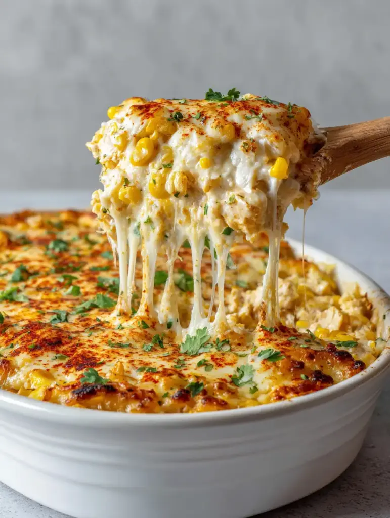 Close-up of the toasted cheese surface of a Street Corn Chicken Casserole, featuring scattered cilantro and reddish-orange chili powder.