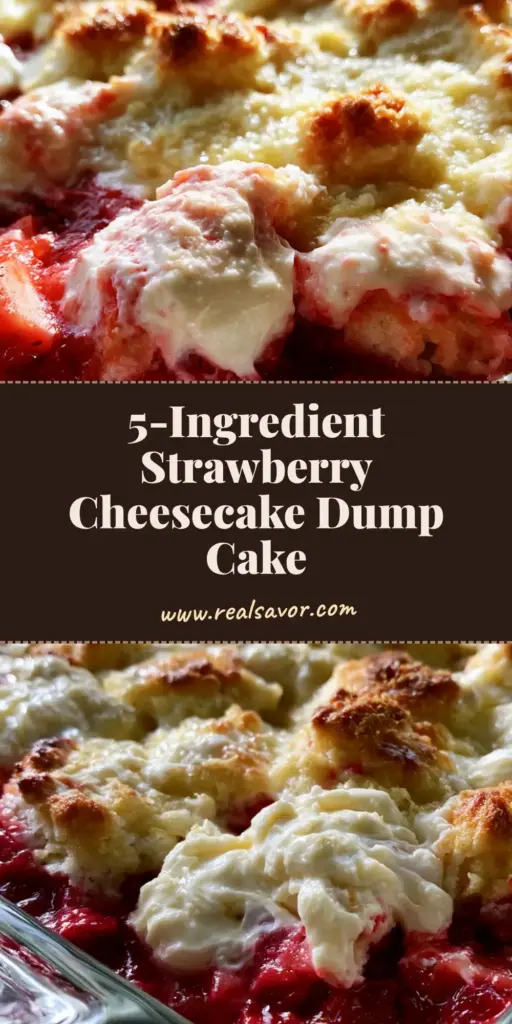 A close-up of Strawberry Cheesecake Dump Cake in a glass dish with bubbly red syrup and golden crust.