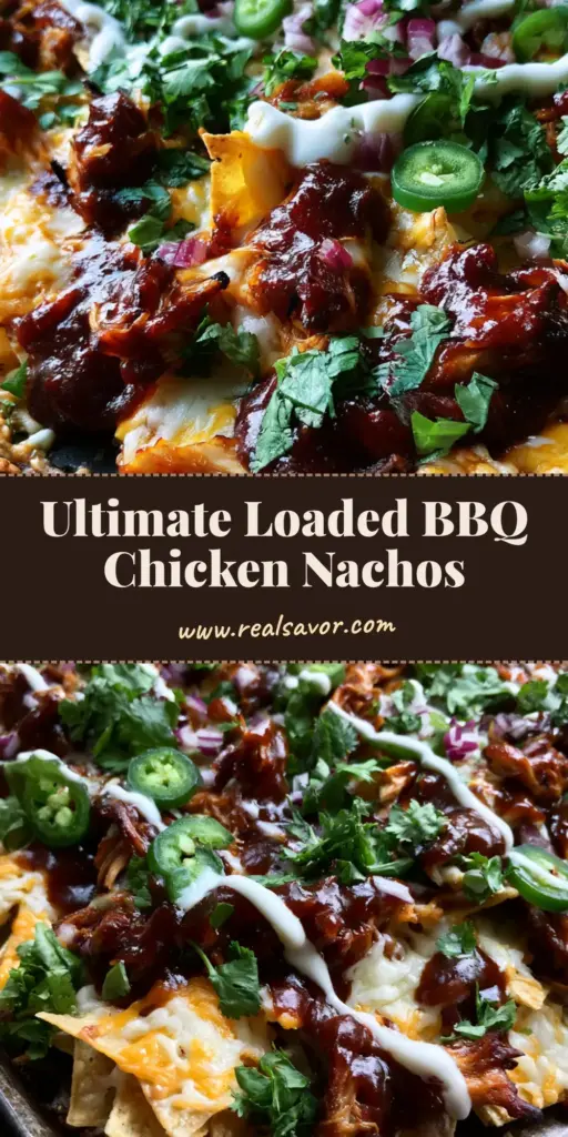 A tray of loaded BBQ Chicken Nachos with melted cheese, mahogany sauce, and jalapeños on a dark baking sheet.