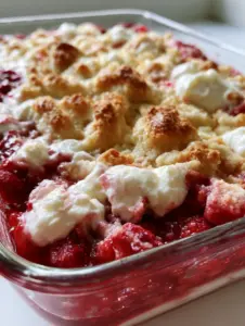 Smartphone photo showing creamy cheesecake dollops swirled into a golden-brown Strawberry Cheesecake Dump Cake.
