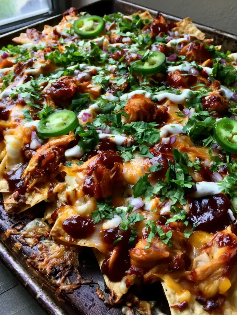 Close up of BBQ Chicken Nachos showing glossy sauce, melted cheddar strands, and fresh cilantro garnish.