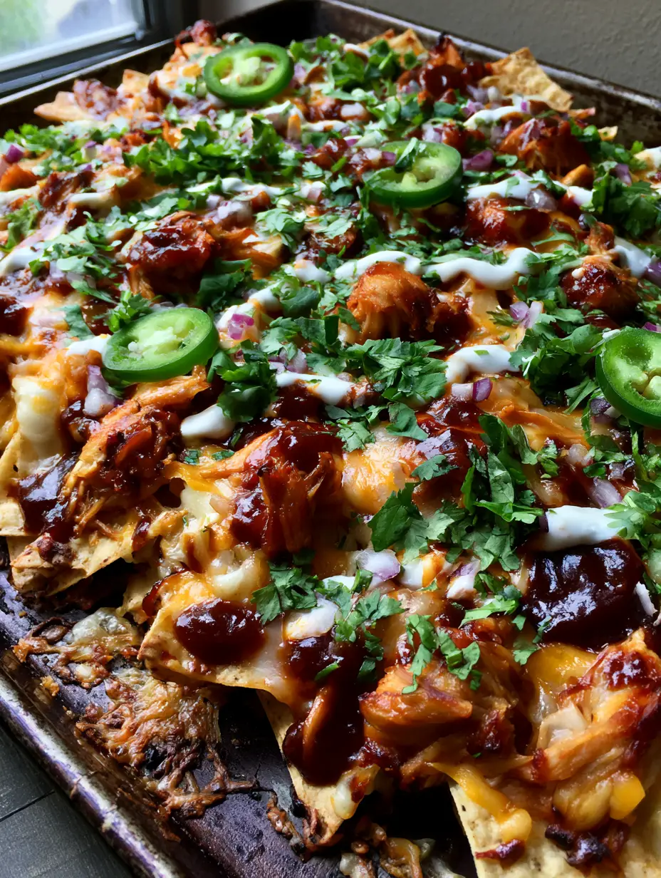 Close up of BBQ Chicken Nachos showing glossy sauce, melted cheddar strands, and fresh cilantro garnish.