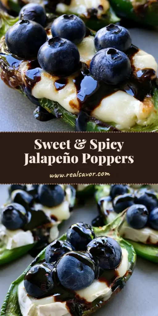 A close-up of Blueberry Brie Jalapeño Poppers on a matte gray plate, featuring melted cheese and balsamic drizzle.