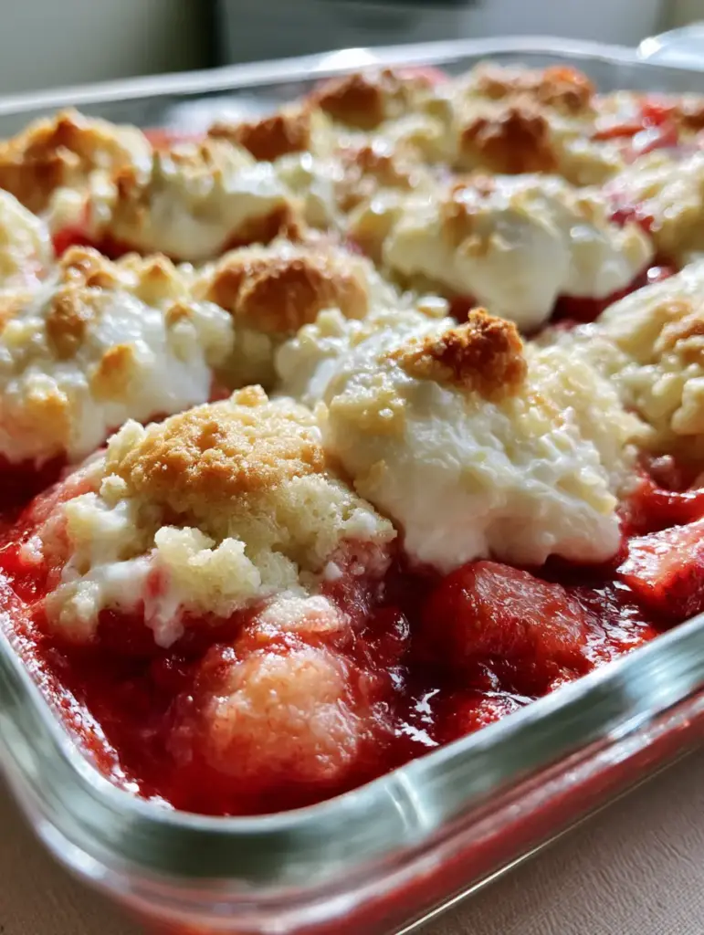 Top view of a Strawberry Cheesecake Dump Cake in a rectangular glass baking dish.