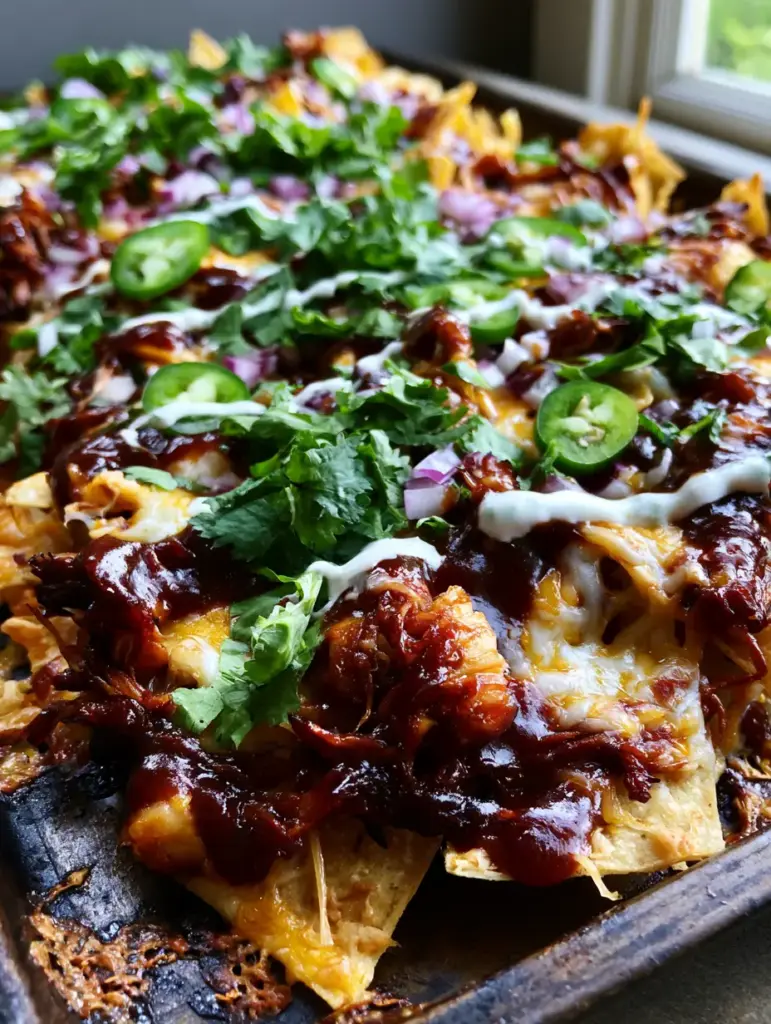 Handheld smartphone photo of BBQ Chicken Nachos on a rustic dark metal tray with ranch drizzle.