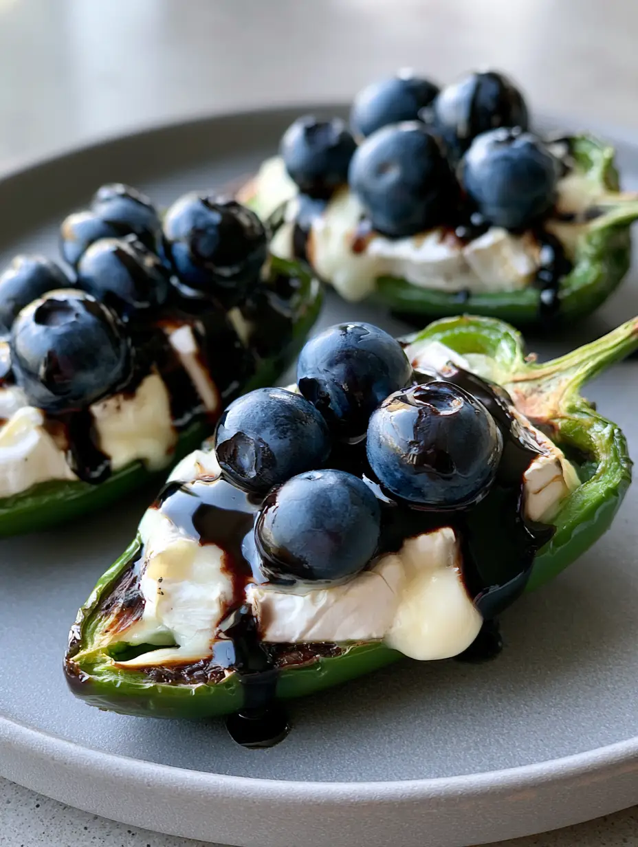 Halved green jalapeño peppers roasted with char marks and filled with gooey white brie cheese. (Blueberry Brie Jalapeño Poppers)