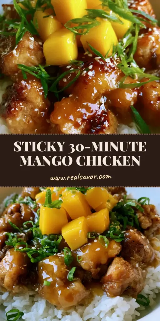 A handheld smartphone photo of Mango Glazed Chicken in a white bowl over fluffy jasmine rice with fresh mango cubes and green onions.