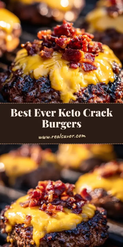 A stack of juicy Keto Crack Burgers topped with melted bubbling cheddar and crispy bacon bits on a grill.