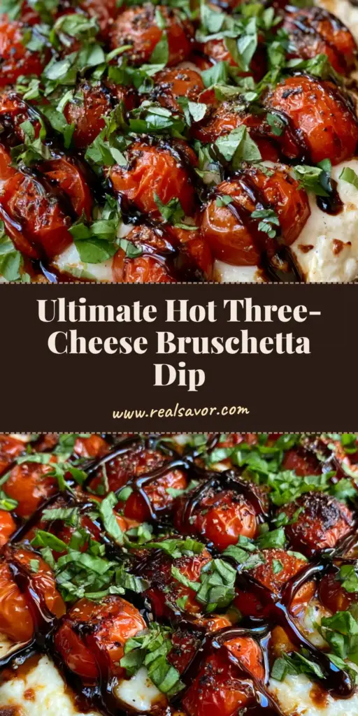 A handheld smartphone photo of Three-Cheese Tomato Bruschetta Dip in a cast iron skillet with bubbly mozzarella, charred cherry tomatoes, and a crisscross balsamic drizzle.