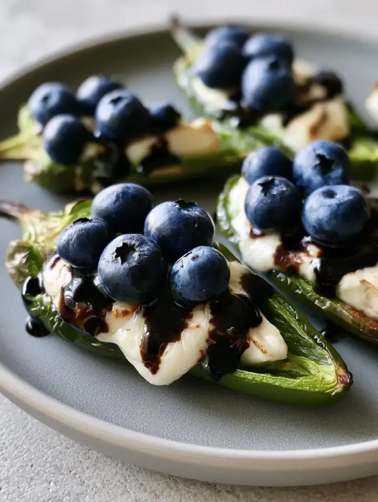 Gooey melted brie topped with fresh blueberries and balsamic glaze in roasted peppers. (Blueberry Brie Jalapeño Poppers)