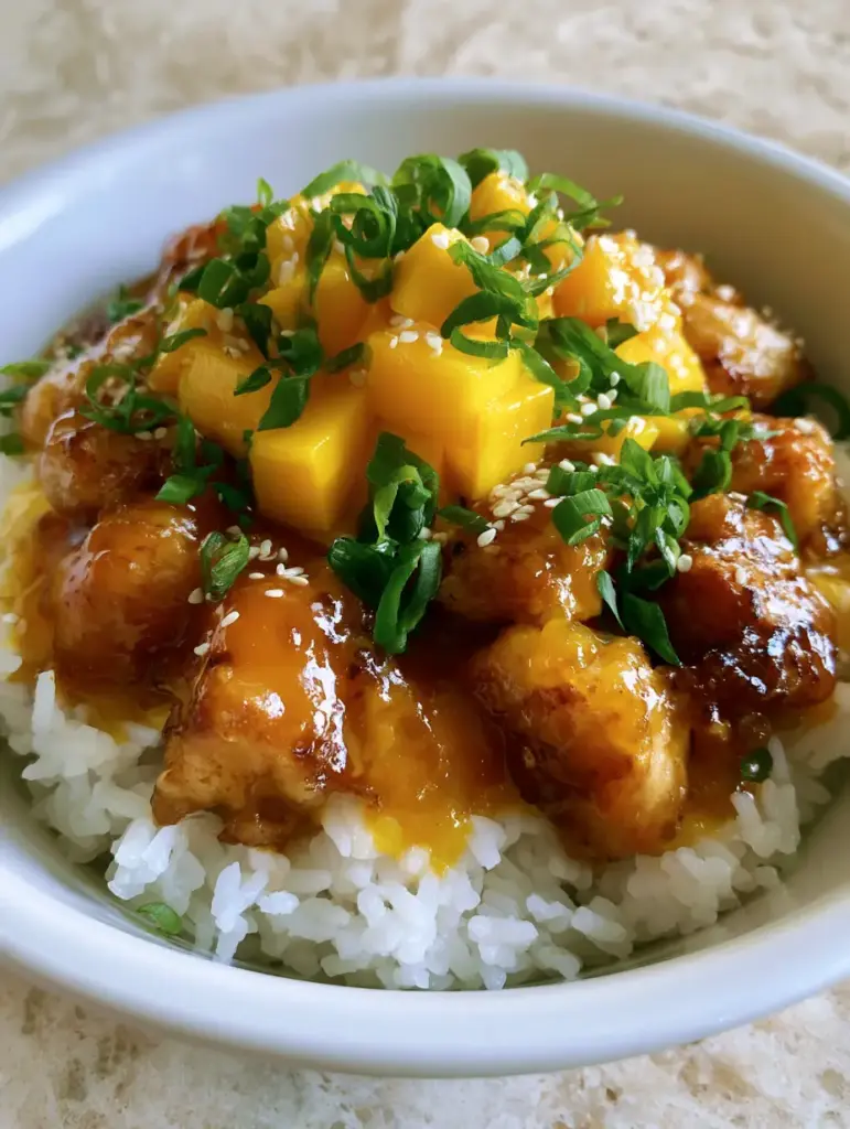 Close-up of seared golden-brown chicken chunks coated in a thick glossy orange mango glaze. (Mango Glazed Chicken)