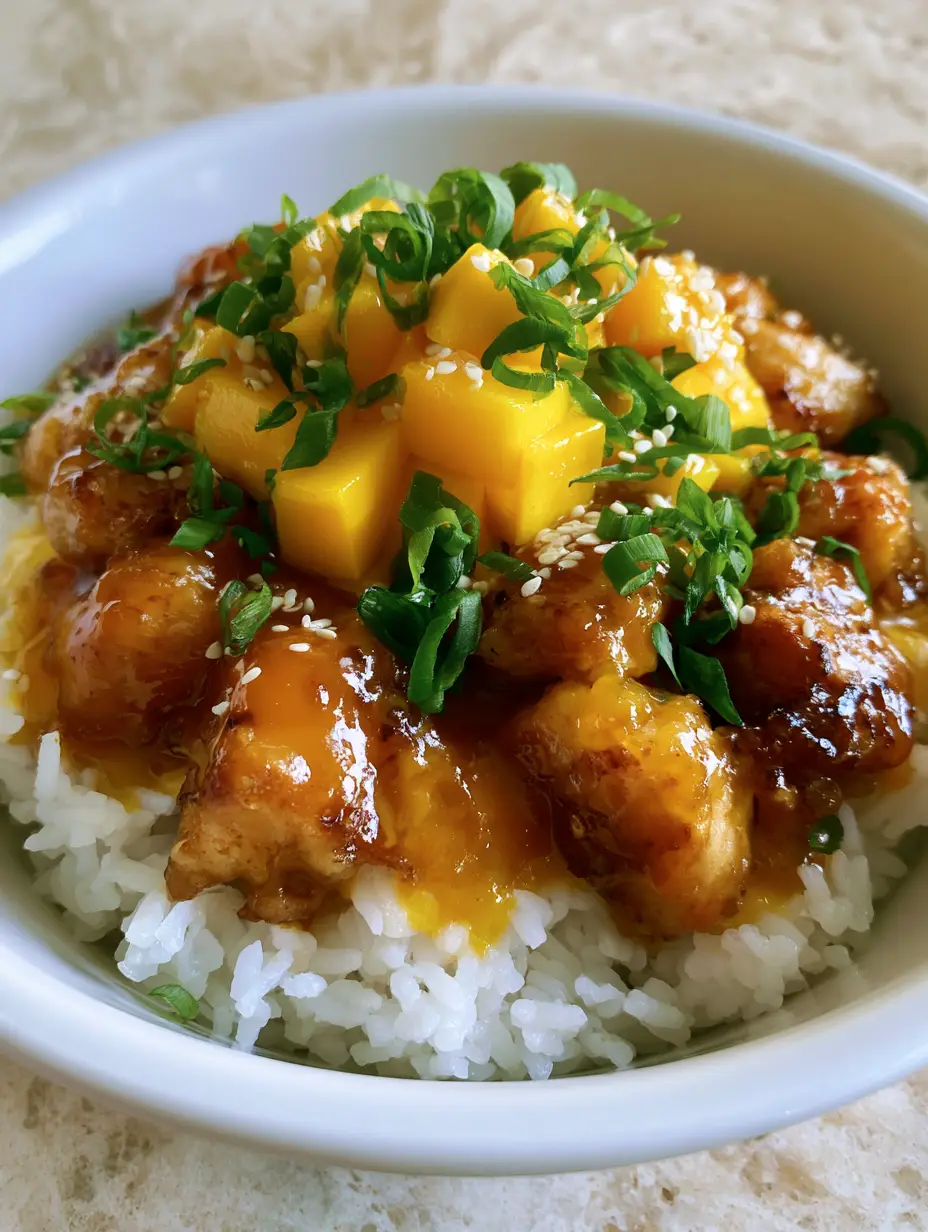 Close-up of seared golden-brown chicken chunks coated in a thick glossy orange mango glaze. (Mango Glazed Chicken)