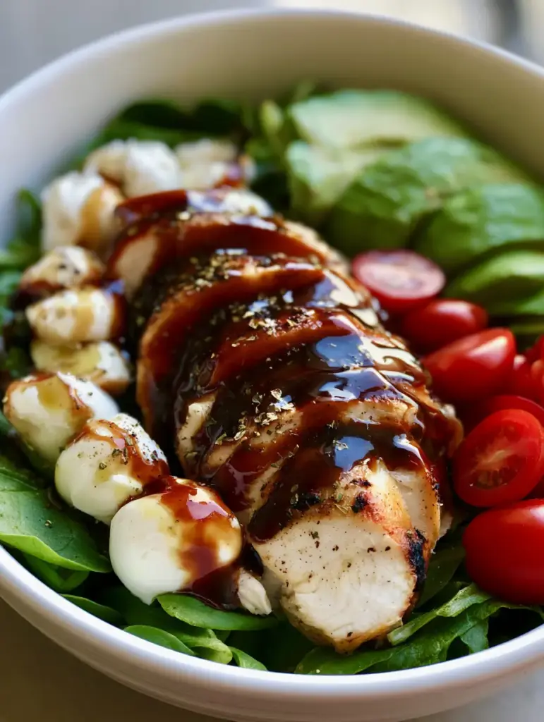 High-angle shot of a Balsamic Chicken Salad showing baby spinach, sliced chicken, and a glossy balsamic drizzle. (Balsamic Chicken Salad)