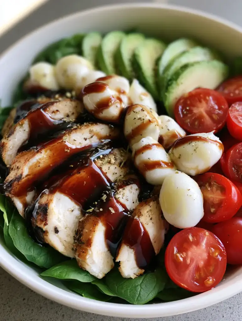 A vibrant ceramic bowl of Balsamic Chicken Salad with mini mozzarella pearls and ripe avocado slices.