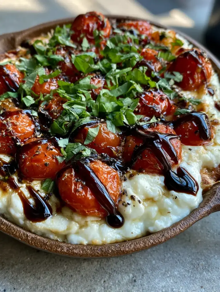Three-Cheese Tomato Bruschetta Dip served on a grey stone countertop, highlighting the fresh basil and cracked black pepper garnish.