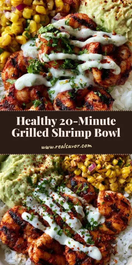 A top-down view of a round white ceramic bowl with grilled shrimp, jasmine rice, avocado mash, and roasted corn salsa. (Grilled Shrimp Bowl)