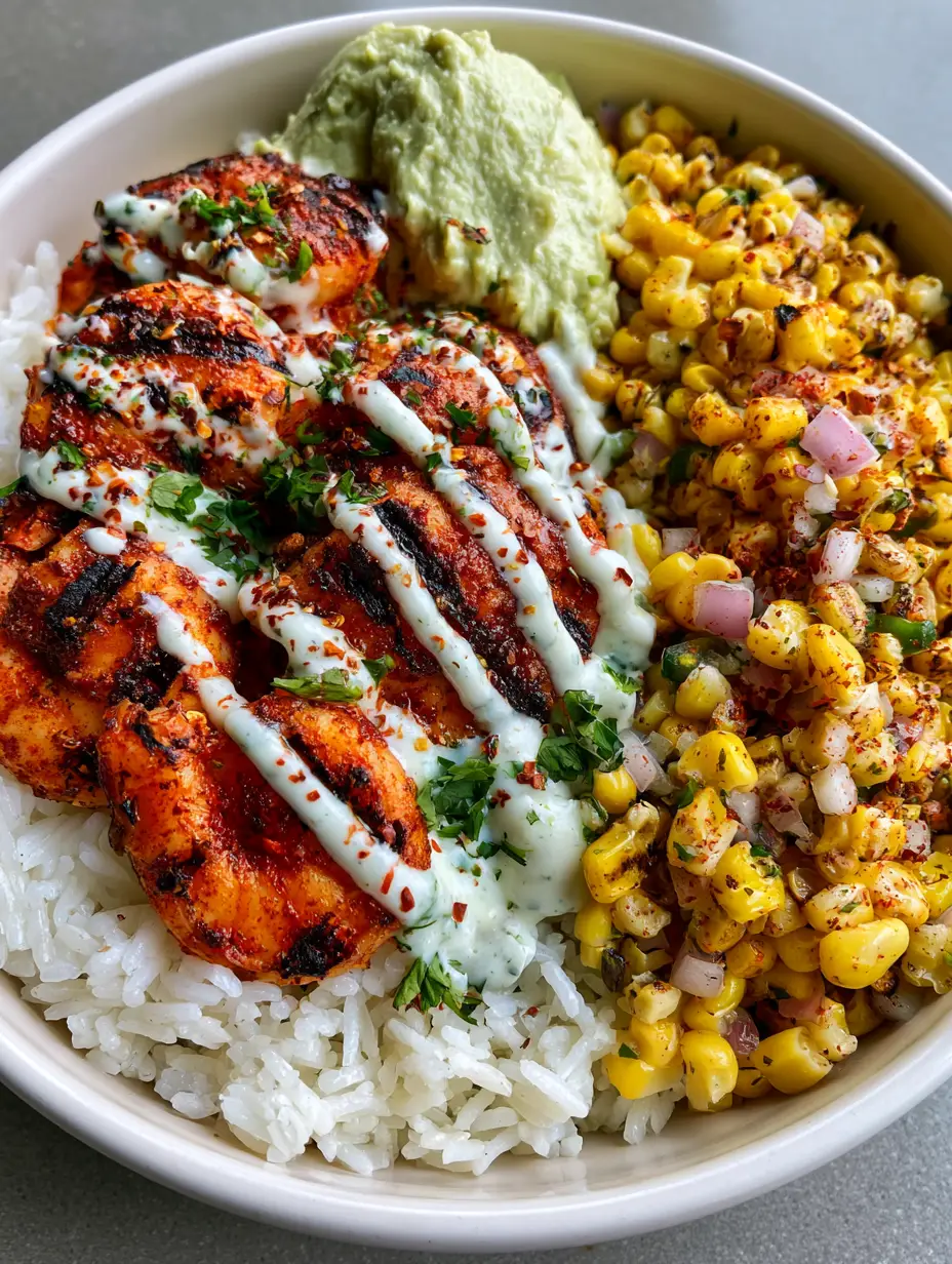 Plump grilled shrimp with dark grill marks and a reddish rub over fluffy white jasmine rice. (Grilled Shrimp Bowl)