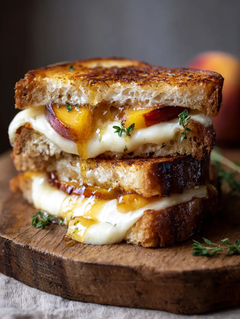 Close-up of thick sourdough bread toasted golden-brown with oozing Brie and caramelized peach wedges. (Peach and Brie Grilled Cheese)