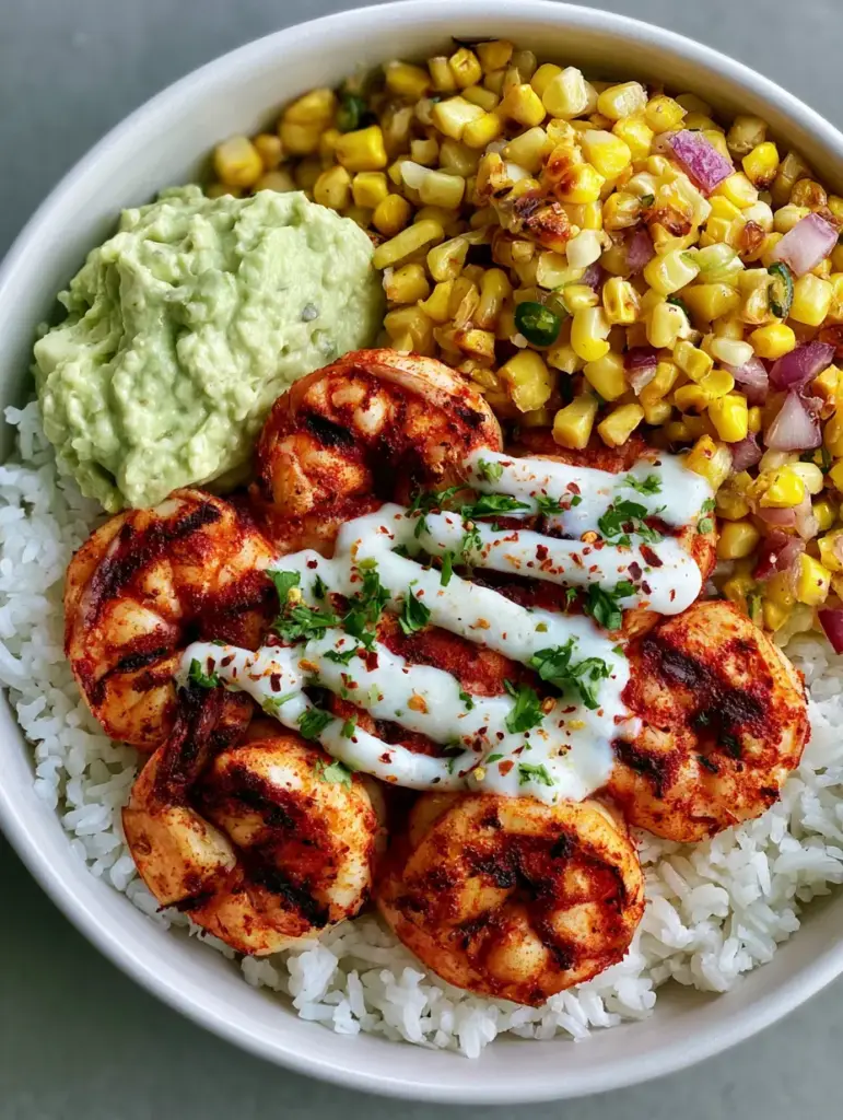 A vibrant Grilled Shrimp Bowl featuring smooth avocado mash, roasted corn, and a zig-zag lime sauce drizzle.