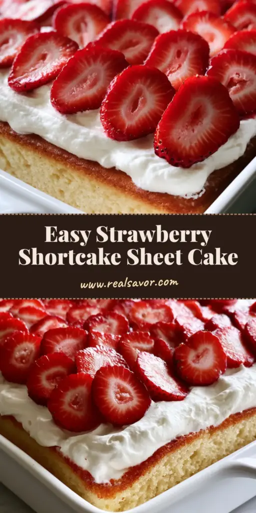 A close-up of a Strawberry Shortcake Sheet Cake in a white porcelain dish with a thick layer of whipped cream and rows of sliced strawberries.