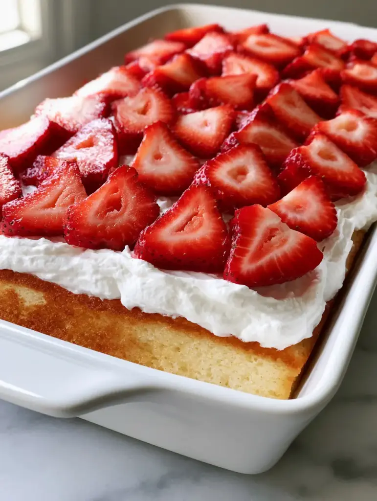 Smartphone photo of a rectangular Strawberry Shortcake Sheet Cake showing the airy vanilla sponge and thick cream layer.