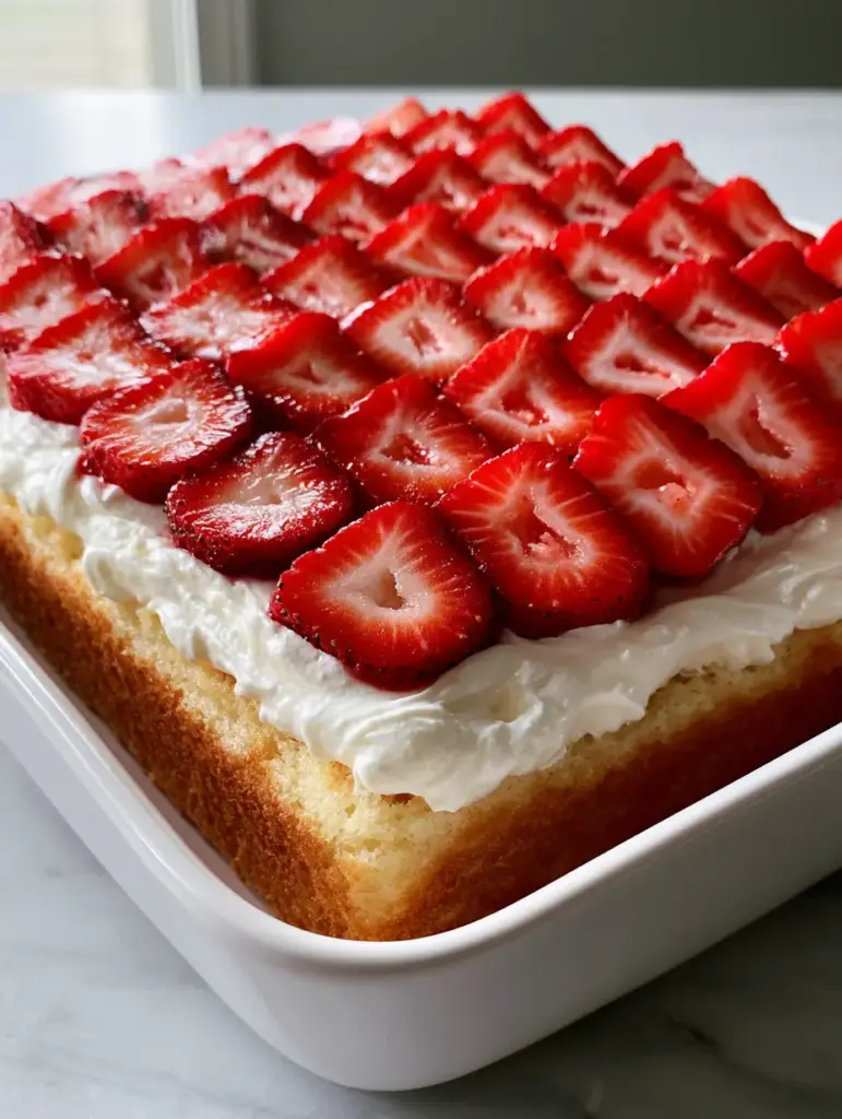 Top-down view of vibrant red strawberry slices arranged in neat rows on a Strawberry Shortcake Sheet Cake.