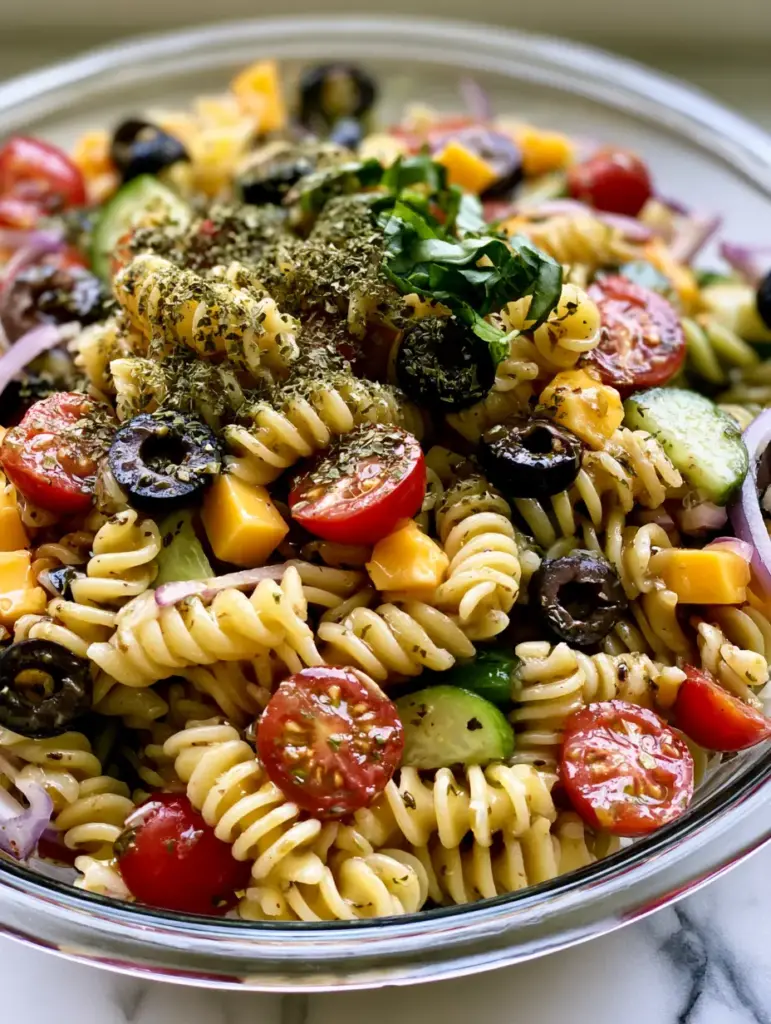 Close-up of rotini pasta salad with herb vinaigrette, black olives, and red onion in a glass bowl on marble. (Cold BBQ Side Dishes)