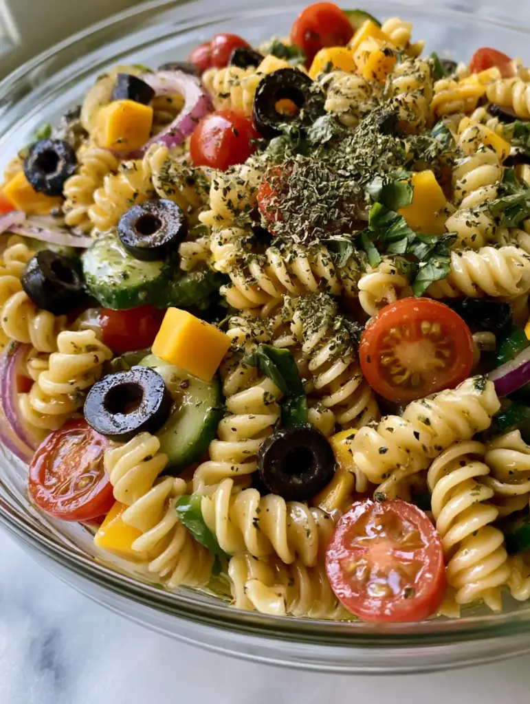 Handheld smartphone photo of a fresh pasta salad with sharp yellow cheddar cubes and fresh basil. (Cold BBQ Side Dishes)