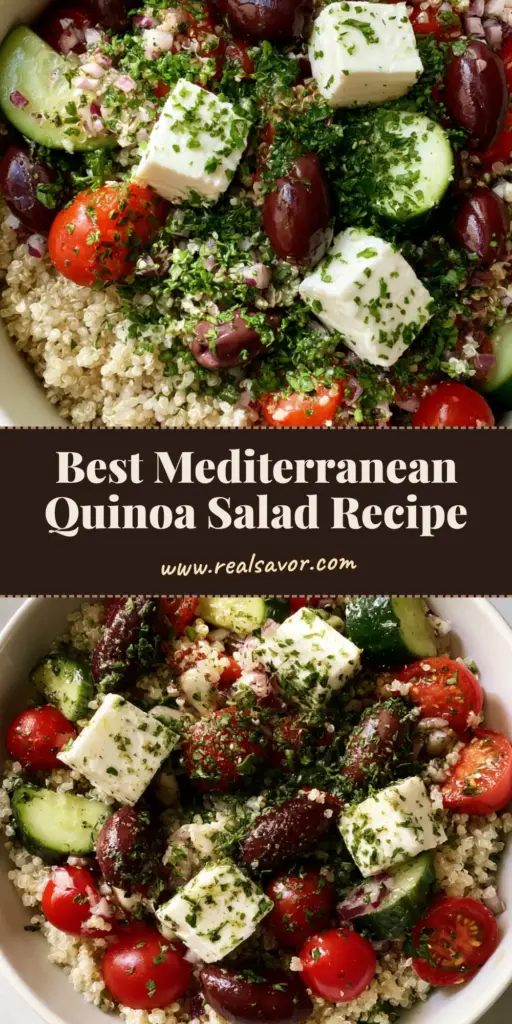 A vibrant Mediterranean Quinoa Salad in a white bowl featuring whole Kalamata olives, cubed feta, and fresh parsley garnish.
