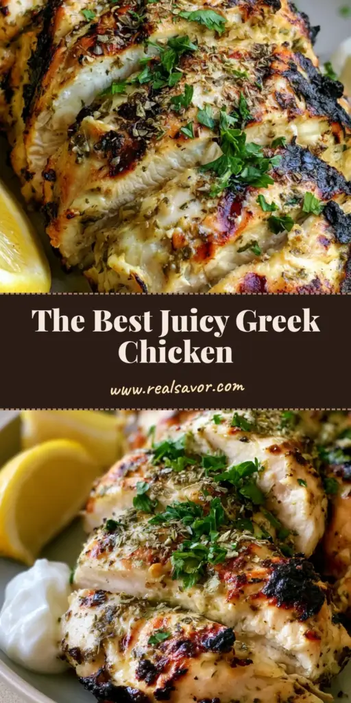 A close-up of sliced grilled chicken breast with dark charred marks and herb flakes, garnished with lemon and parsley. (Greek Chicken Marinade)