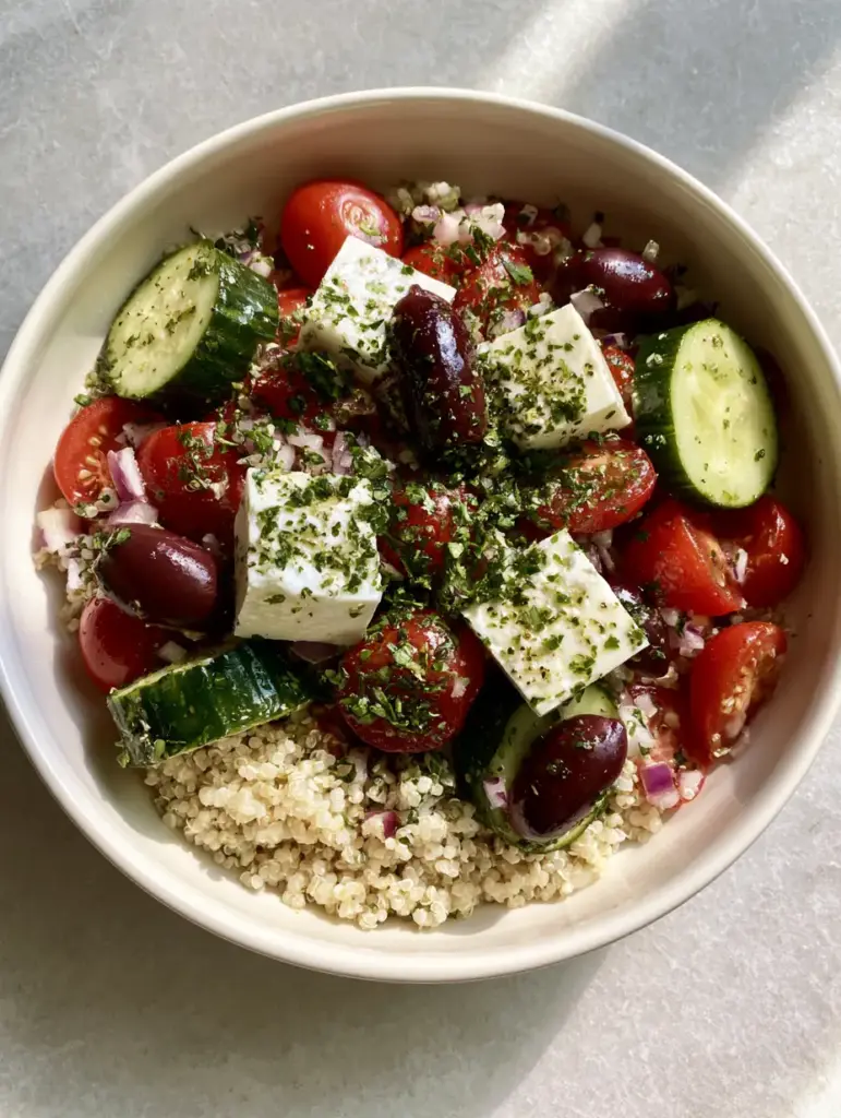 Smartphone photo of Mediterranean Quinoa Salad with glossy dressing and large square chunks of feta cheese.