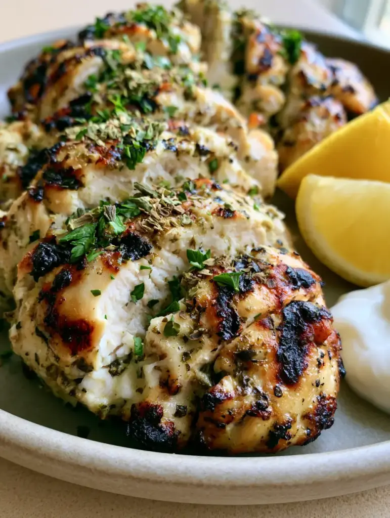 Sliced grilled chicken breast on a matte plate showing golden-brown grill marks and fresh parsley. (Greek Chicken Marinade)