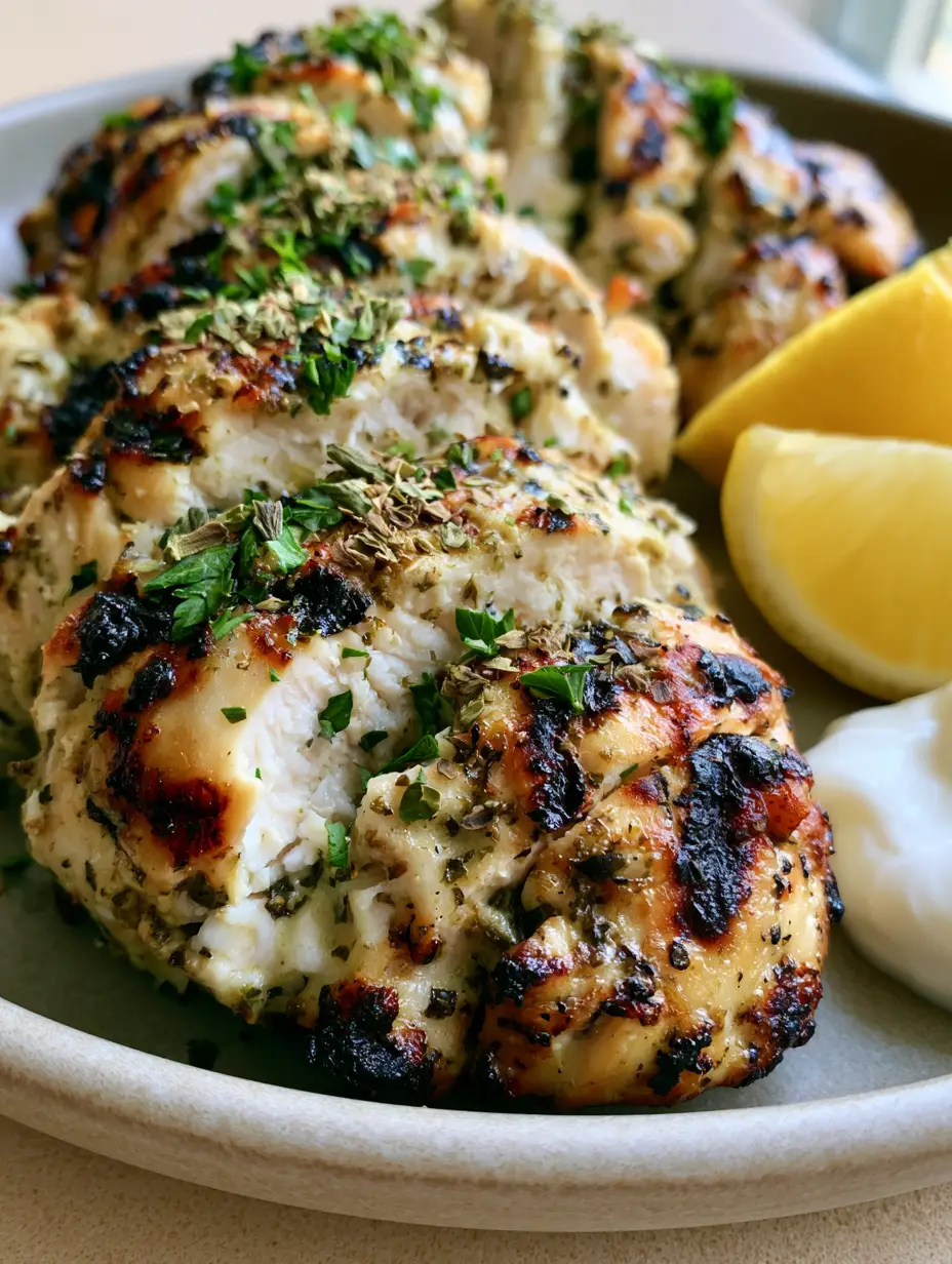 Sliced grilled chicken breast on a matte plate showing golden-brown grill marks and fresh parsley. (Greek Chicken Marinade)