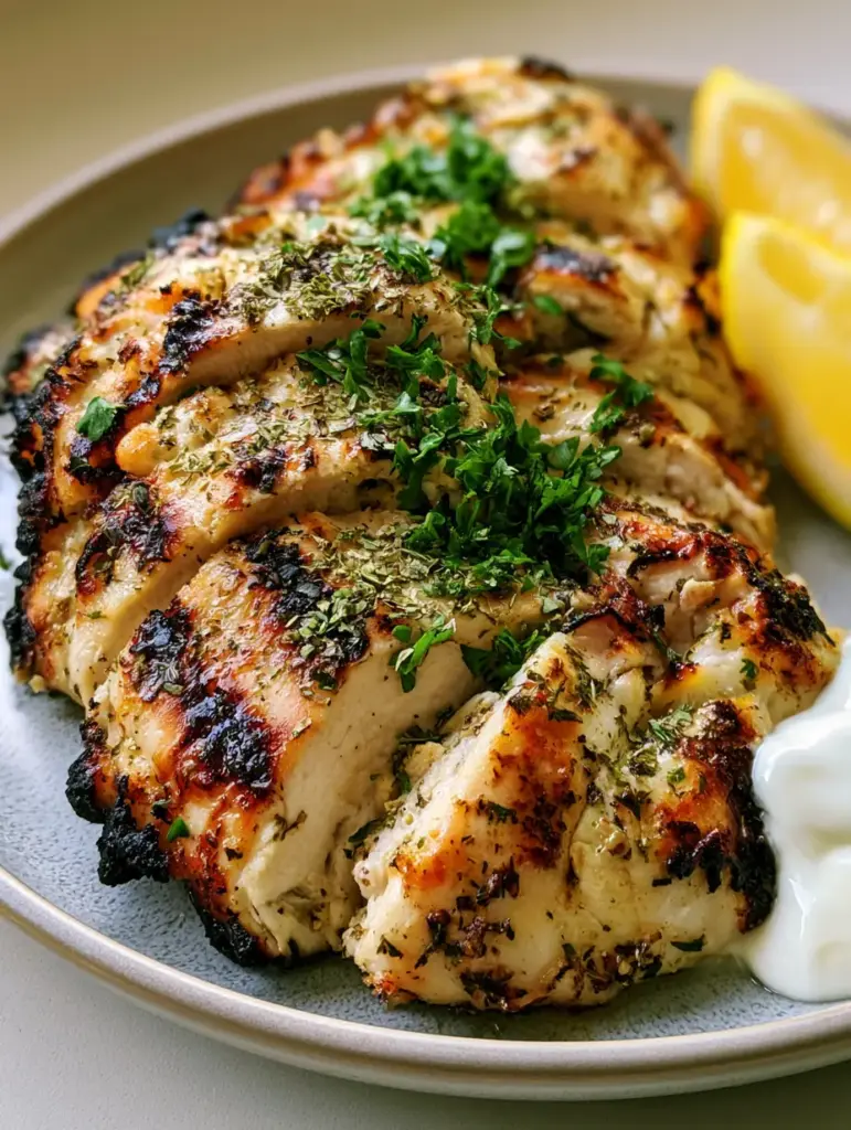 Top-down view of charred chicken breast with herb-flecked marinade residue and lemon. (Greek Chicken Marinade)