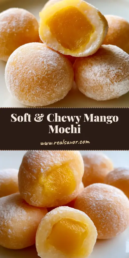 Several round, plump Mango Mochi arranged on a minimalist white plate, with one sliced to show the fresh mango center.
