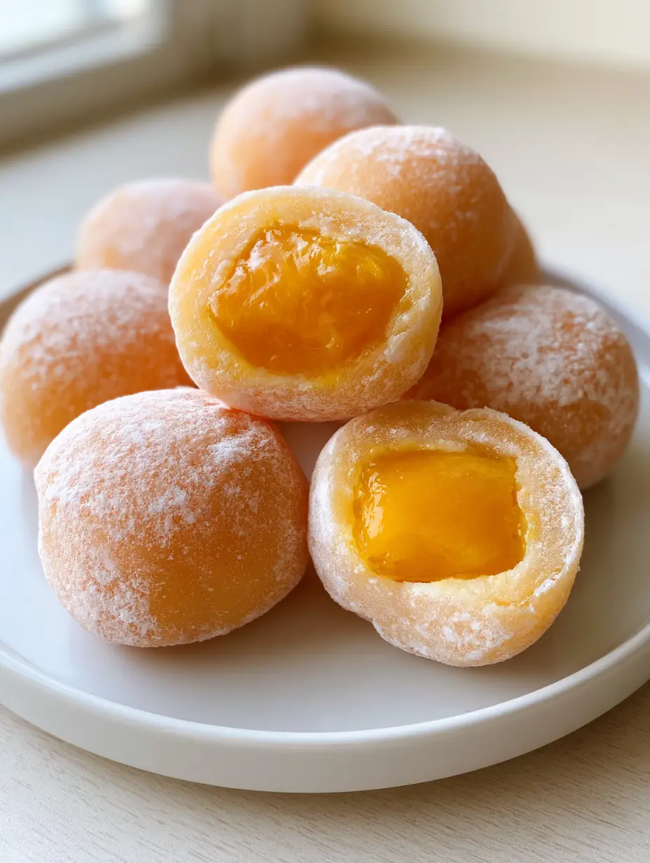 A close-up smartphone photo of Mango Mochi on a wooden surface with soft natural light.