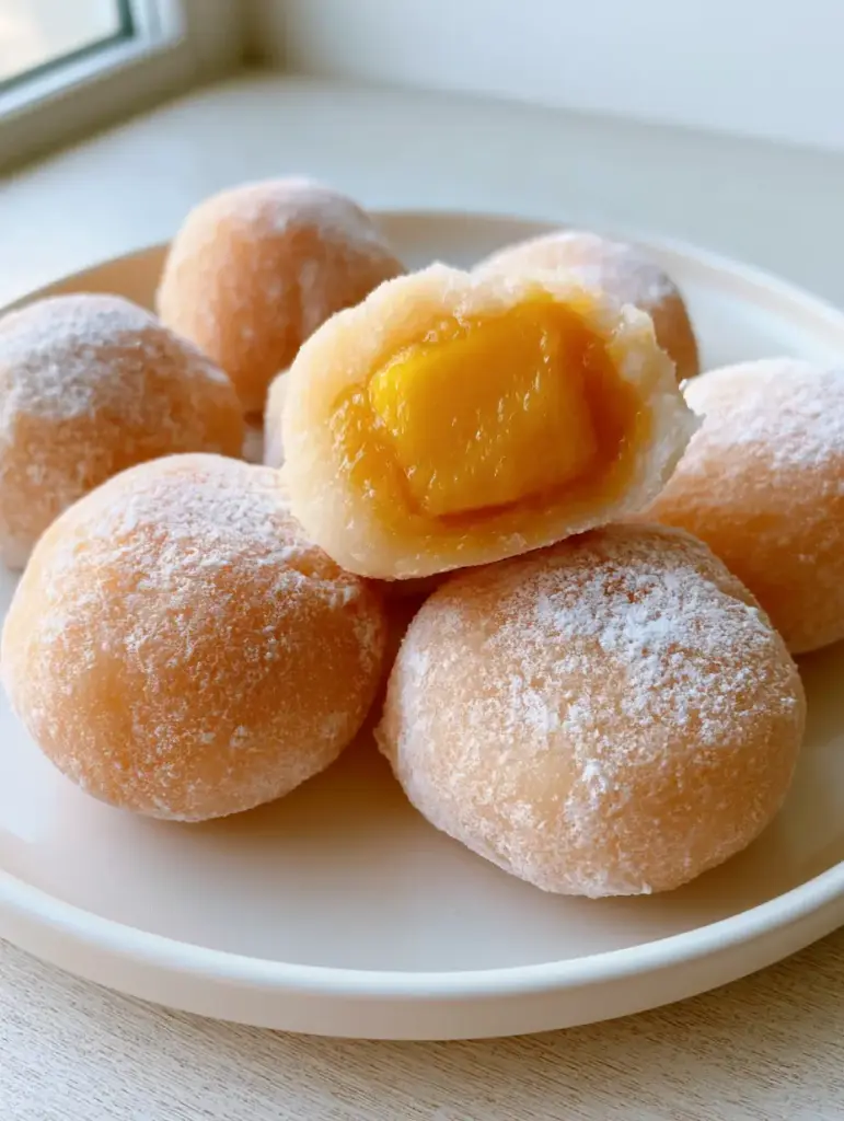 A cross-section of a Mango Mochi revealing a large, juicy square of fresh ripe mango.