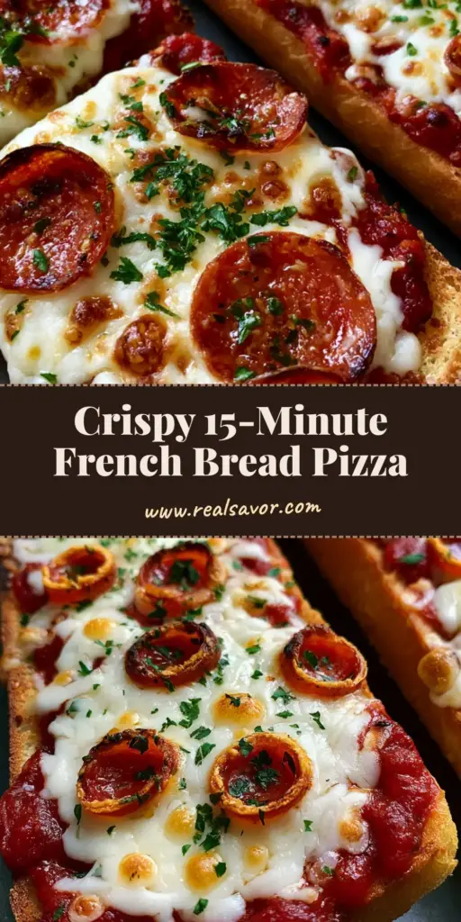 A close-up shot of three long sections of toasted French baguette pizza with melted mozzarella, charred pepperoni, and fresh parsley. (French Bread Pizza Recipe)