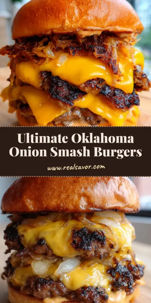 A stacked Oklahoma Onion Smash Burger featuring charred lacy edges, caramelized onions, and melted American cheese on a wooden surface. (Oklahoma Onion Smash Burger)