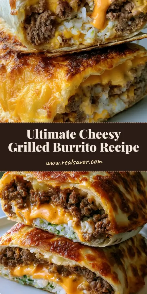 A close-up of a stacked Grilled Cheese Burrito sliced in half, showing the golden-brown crispy cheddar cheese crust and layers of beef and rice on a white plate.