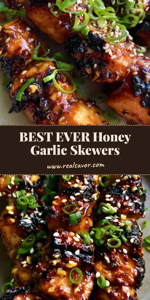 A close-up shot of three grilled Honey Garlic Chicken Skewers with a dark amber glaze, char marks, and sesame seed garnish on a ceramic plate. (Honey Garlic Chicken Skewers)