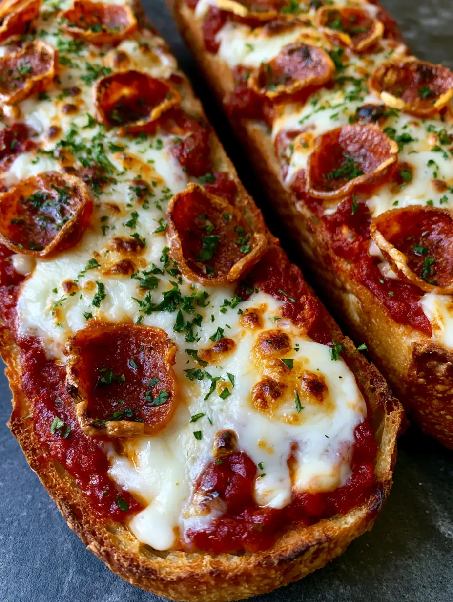 Overhead view of long sections of a toasted French baguette base with thick red sauce and melted mozzarella cheese. (French Bread Pizza Recipe)
