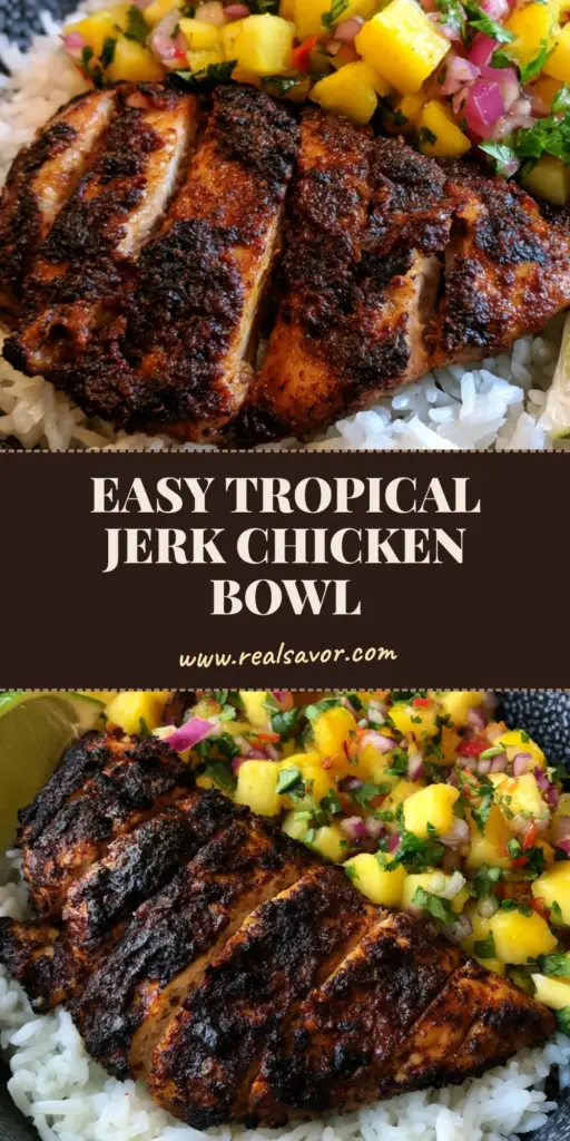 A handheld smartphone photo of a Jerk Chicken Bowl with charred grilled chicken, pineapple salsa, and jasmine rice in a dark charcoal bowl.