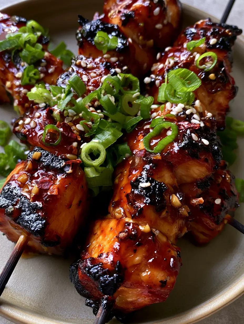 Top-down view of charred honey garlic chicken skewers showing thick glaze and minced garlic bits. (Honey Garlic Chicken Skewers)