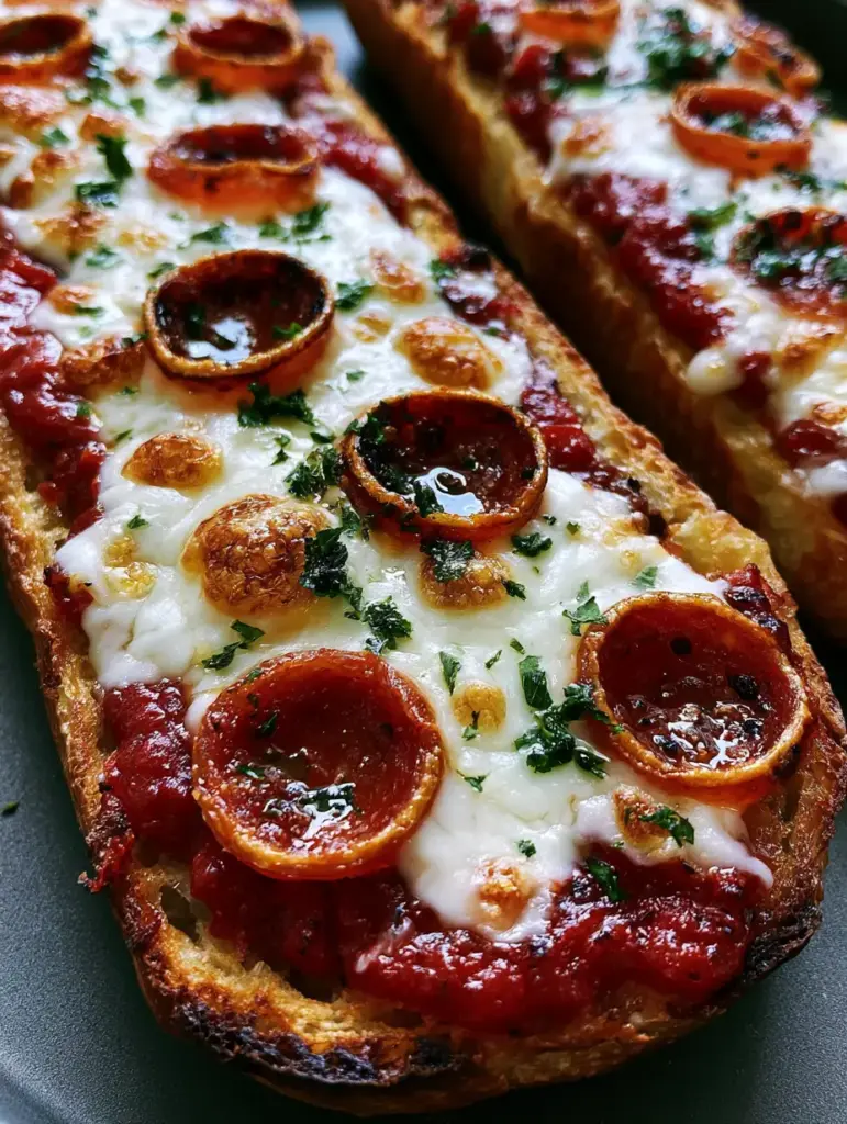 Close-up of melted mozzarella cheese with small toasted golden bubbles and slightly charred pepperoni. (French Bread Pizza Recipe)
