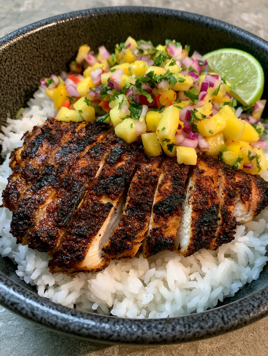 Close up of sliced grilled jerk chicken breast with visible grill marks and a thick dark brown spice rub.