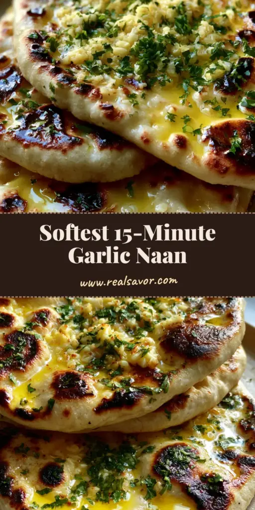 A stack of soft, warm Easy Garlic Naan Bread with charred leopard spots and a glistening butter glaze on a plate.