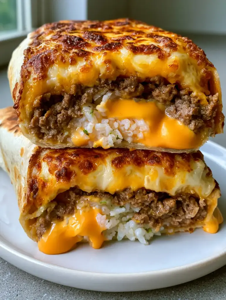 A side view of a Grilled Cheese Burrito on a grey kitchen counter, highlighting the toasted flour tortilla edges and thick cheese crust.