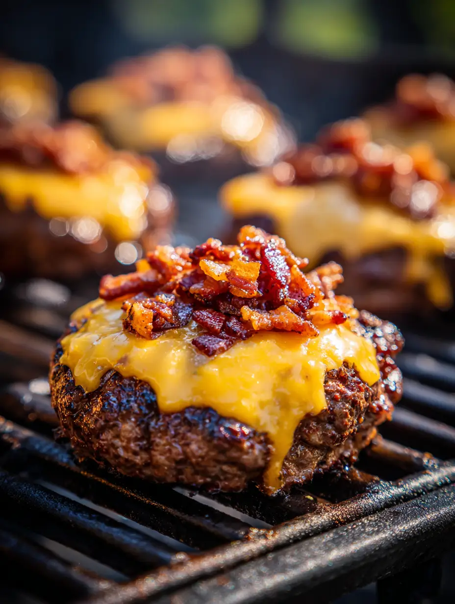 Close-up of a thick ground beef patty for Keto Crack Burgers cooking on dark metal grill grates with visible char marks.