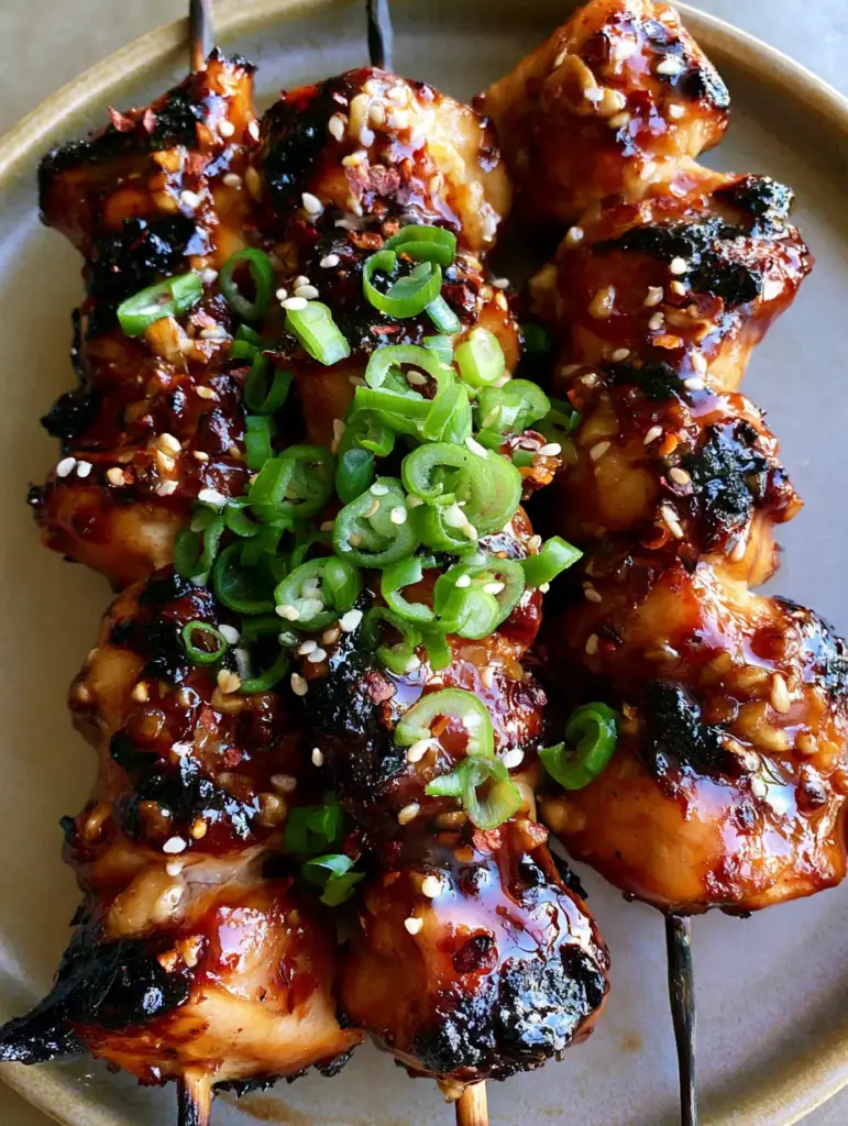 Close-up of three grilled skewers with dark amber honey garlic sauce and scallion garnish on a neutral plate.